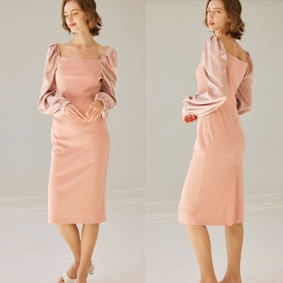 🆕 NAP Loungewear Square Neck Puff Sleeve Midi Dress in Peach Pink - Picture 1 of 10